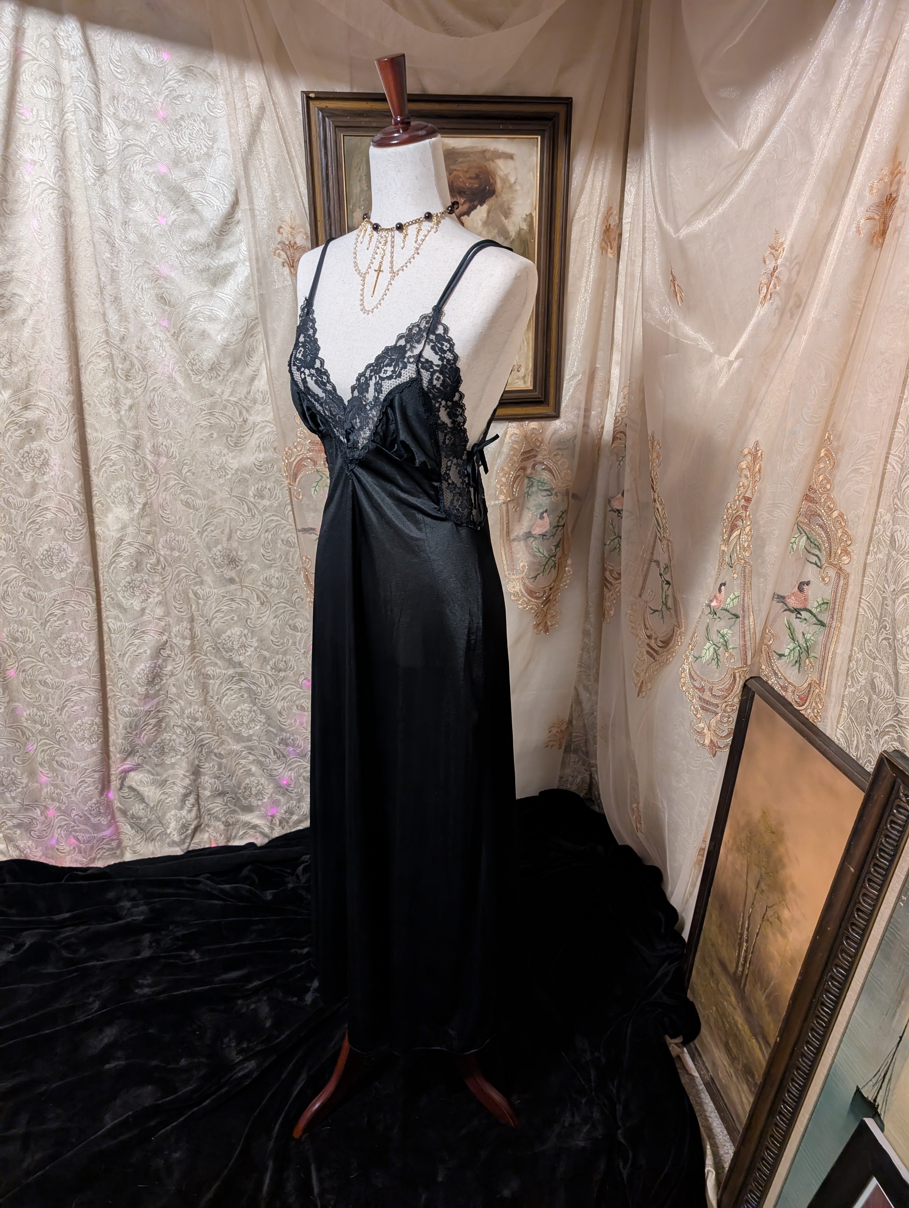 1970's Black Lace Maxi Nightgown