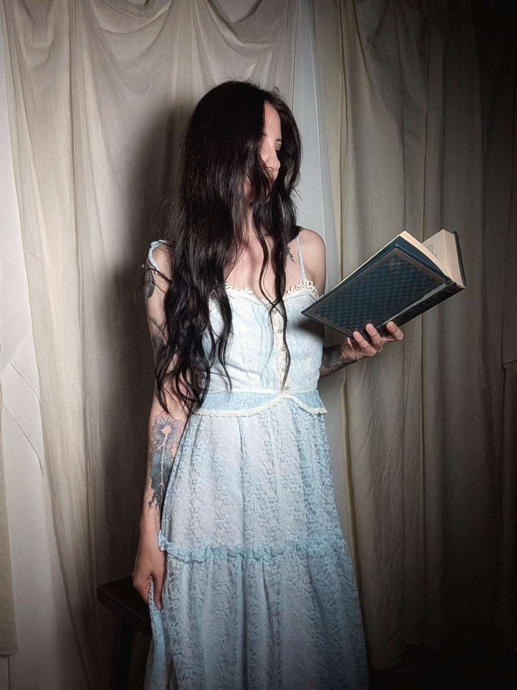 1970s Belle's Ice Blue Lace Gown