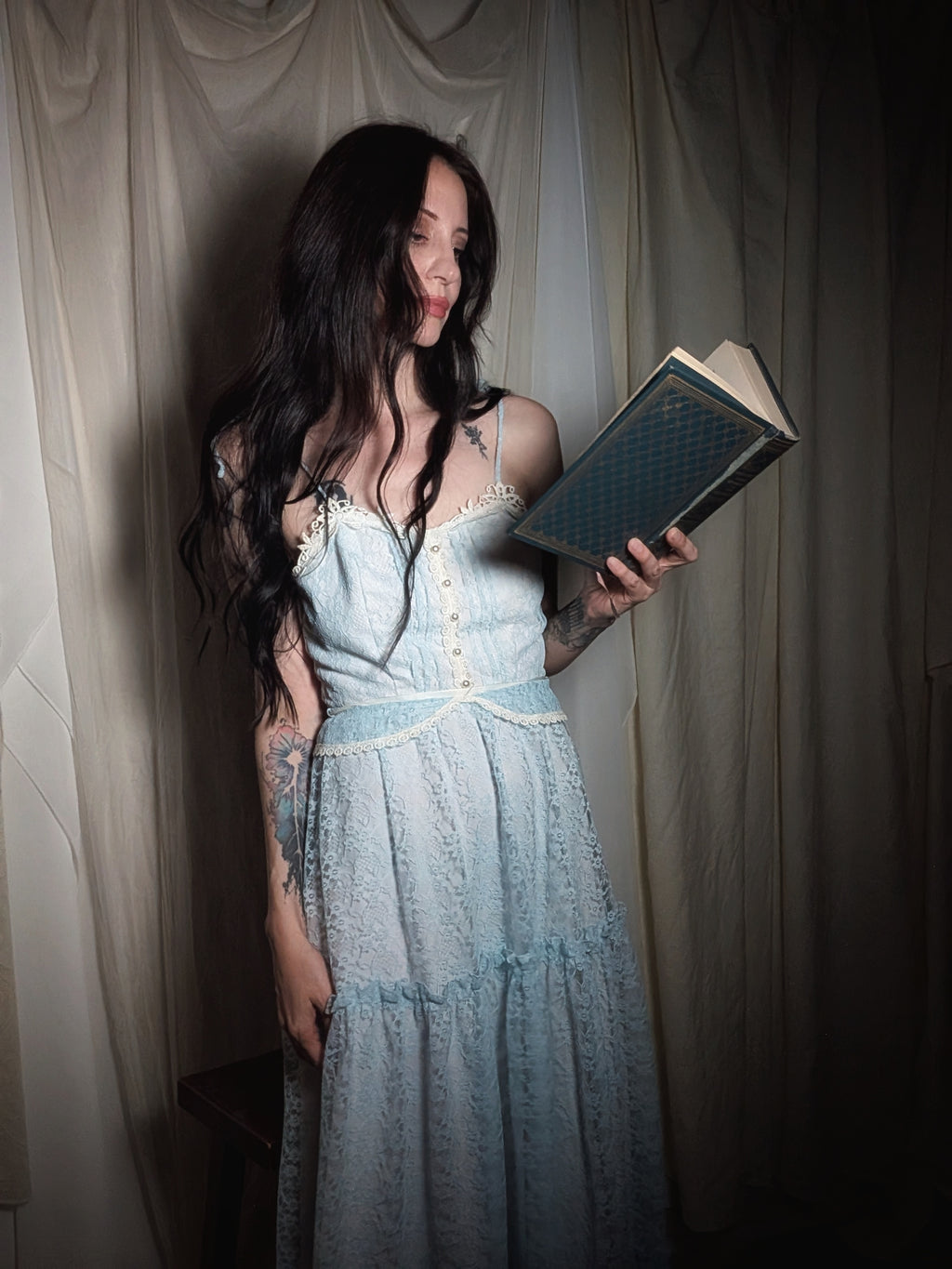 1970s Belle's Ice Blue Lace Gown