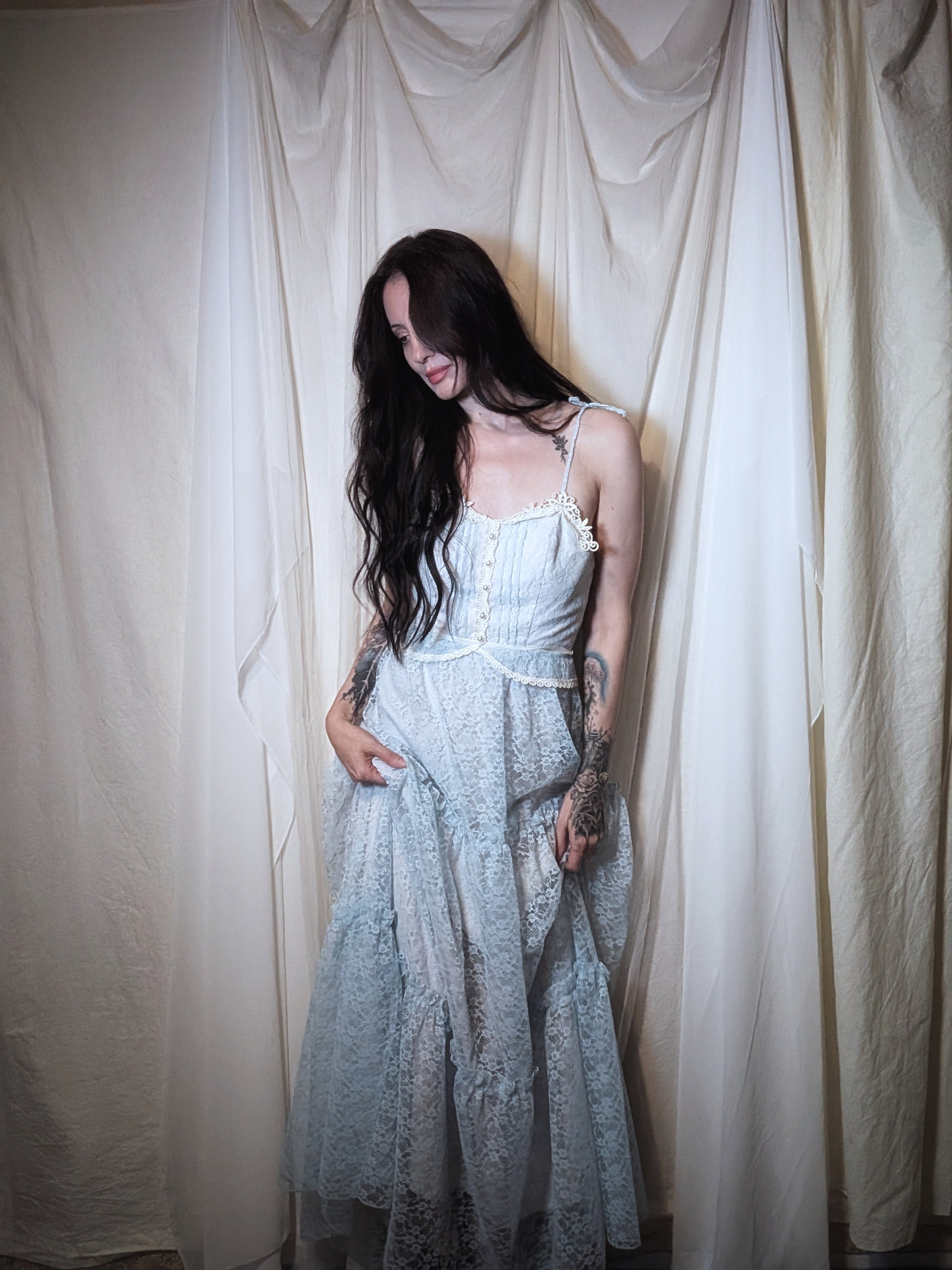 1970s Belle's Ice Blue Lace Gown