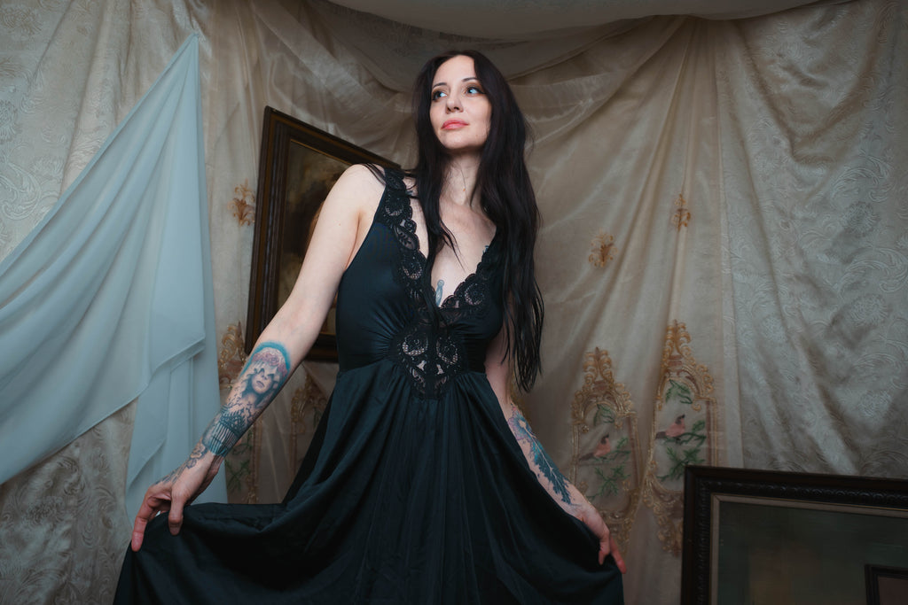 1980's Black Olga Lace Nightgown