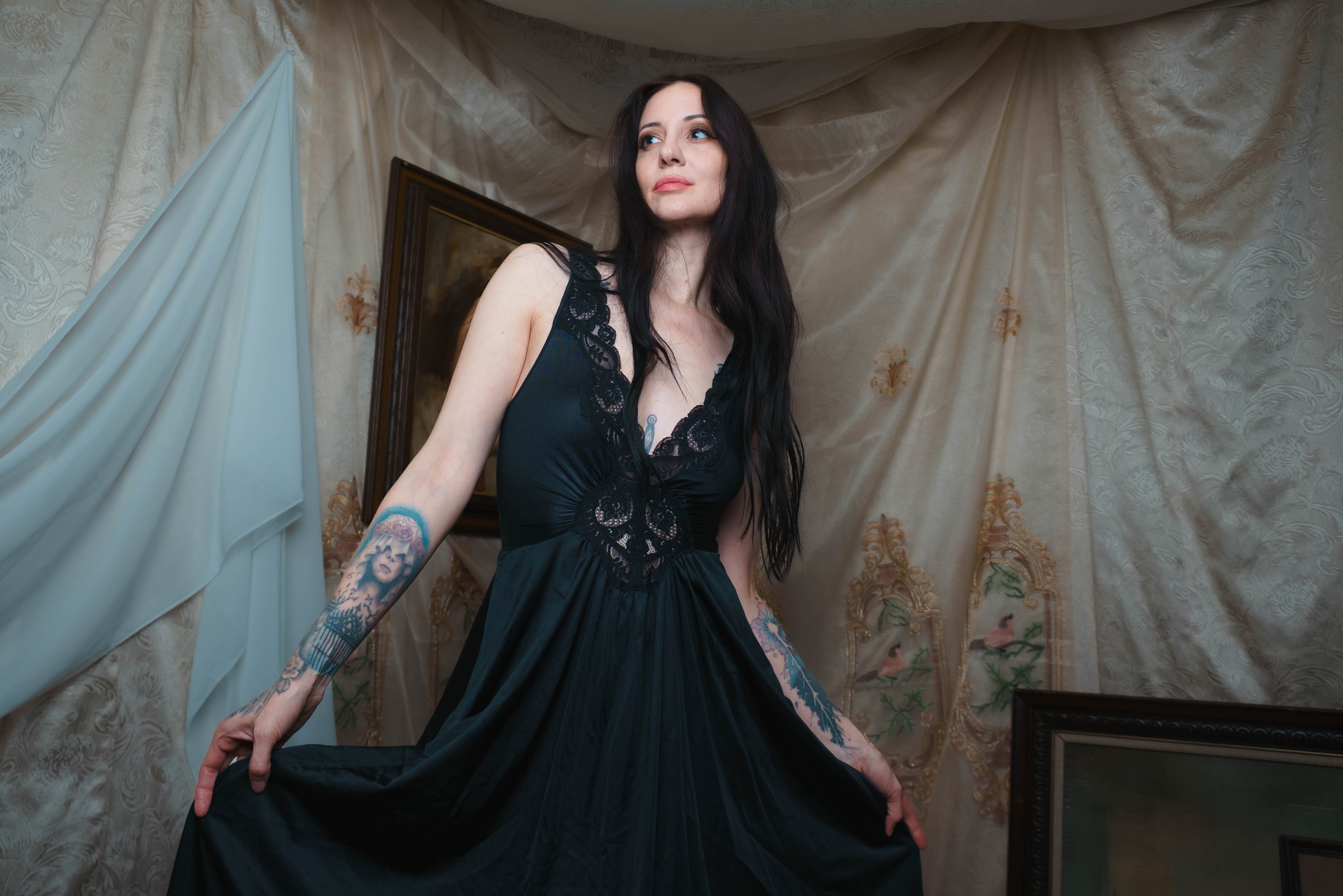 1980's Black Olga Lace Nightgown