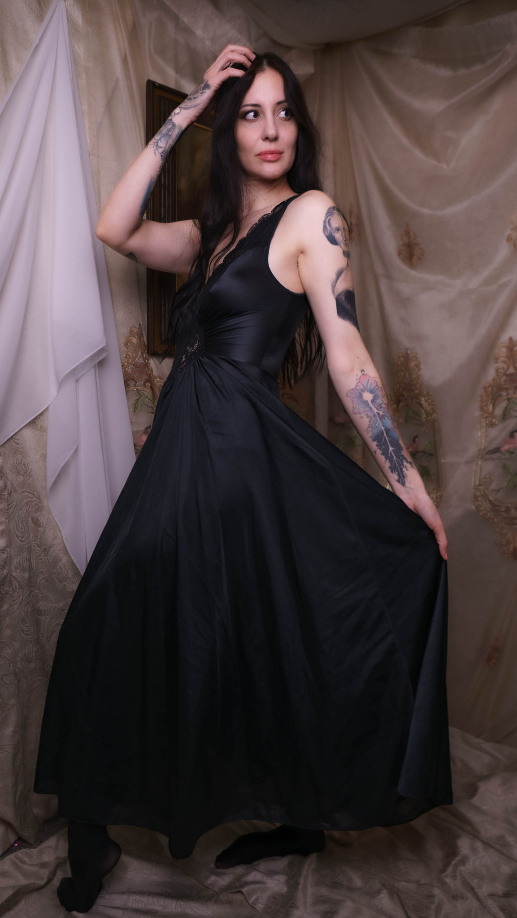 1980's Black Olga Lace Nightgown