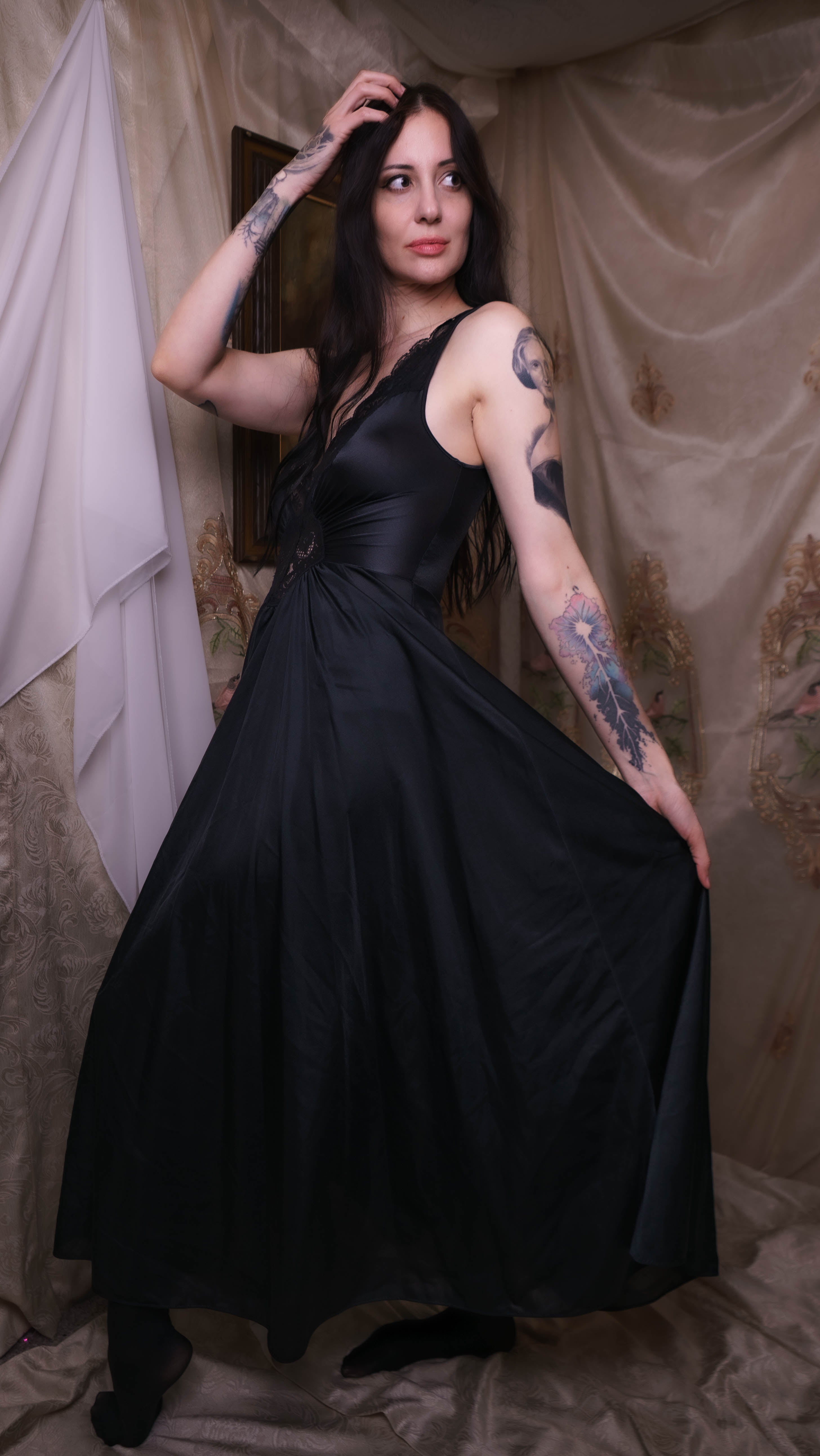 1980's Black Olga Lace Nightgown