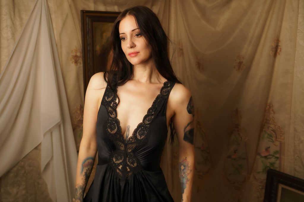 1980's Black Olga Lace Nightgown
