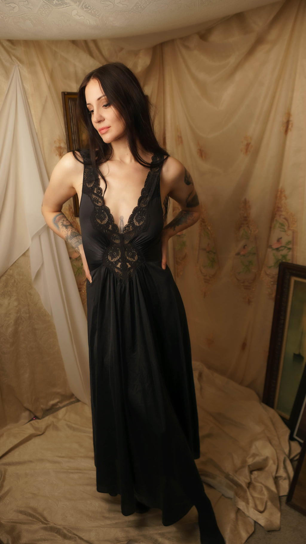 1980's Black Olga Lace Nightgown
