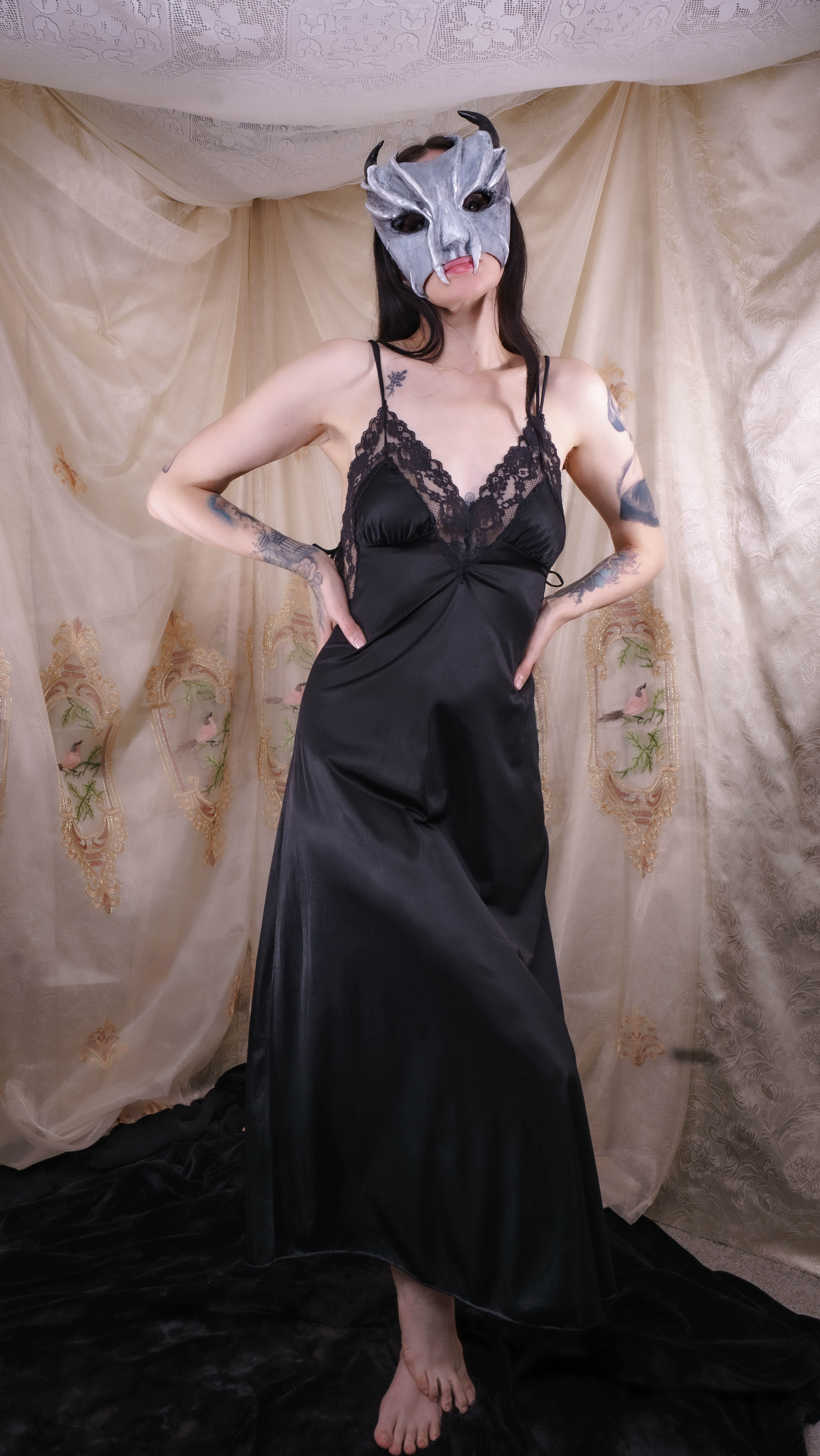 1970's Black Lace Maxi Nightgown
