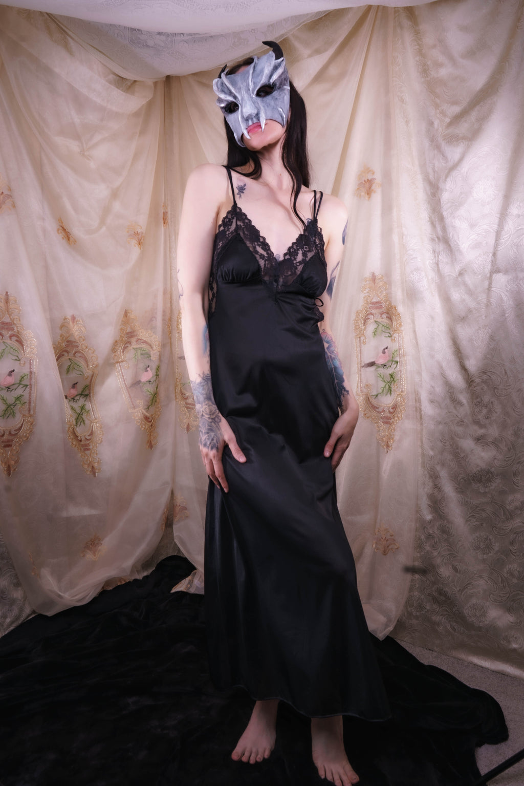 1970's Black Lace Maxi Nightgown