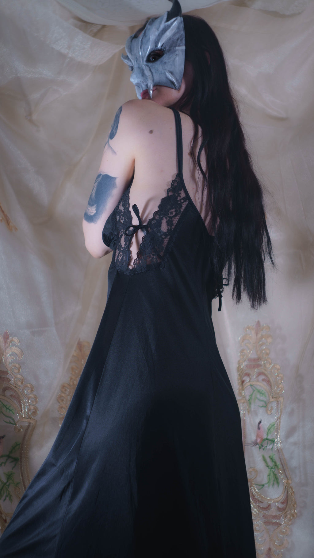 1970's Black Lace Maxi Nightgown