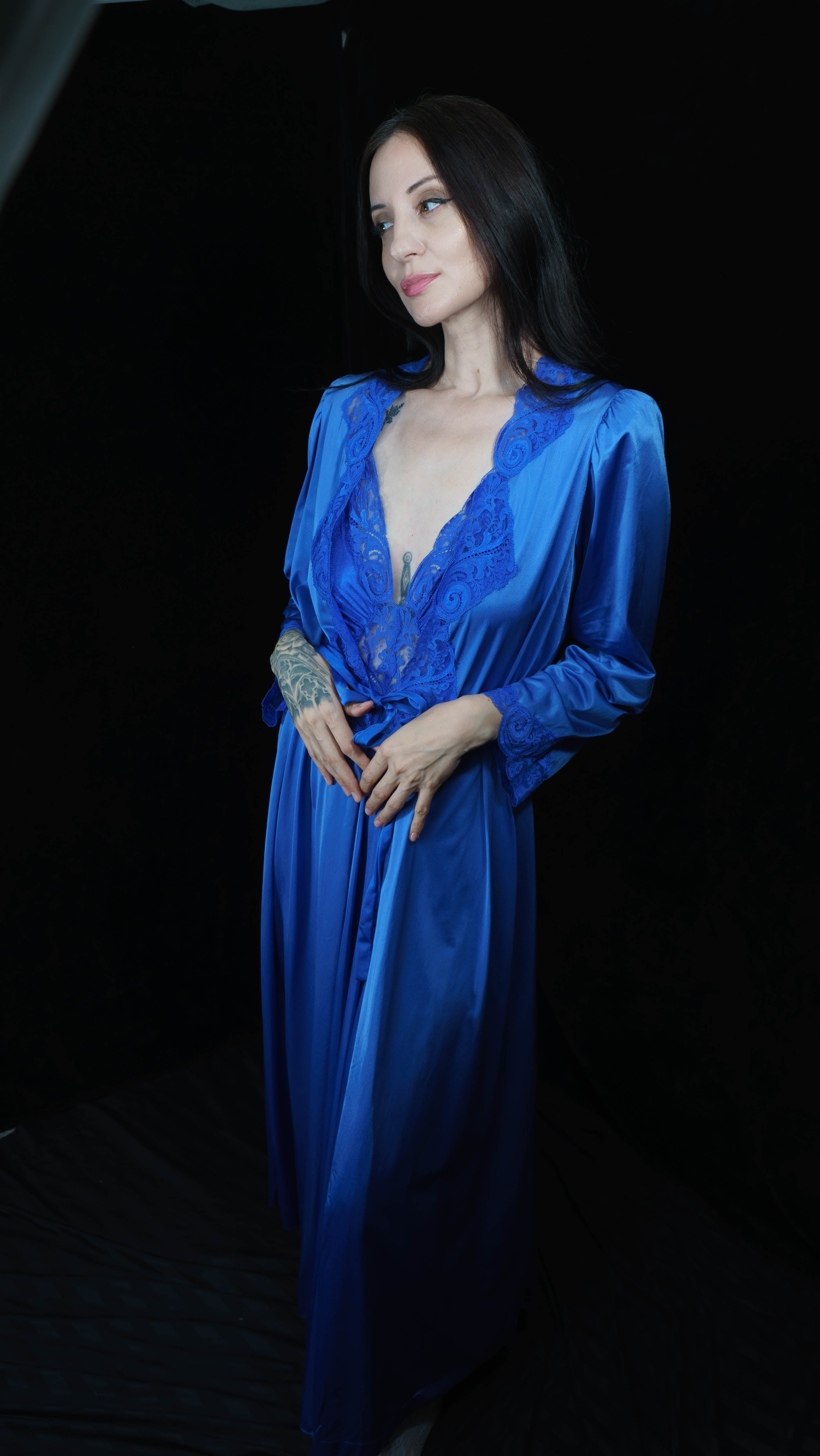 1980's Olga Dusky Blue Nightgown & Robe Set